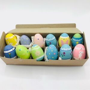 Set of 12 Vintage Hand-Painted Lillian Vernon Wooden Easter Eggs in Original Box
